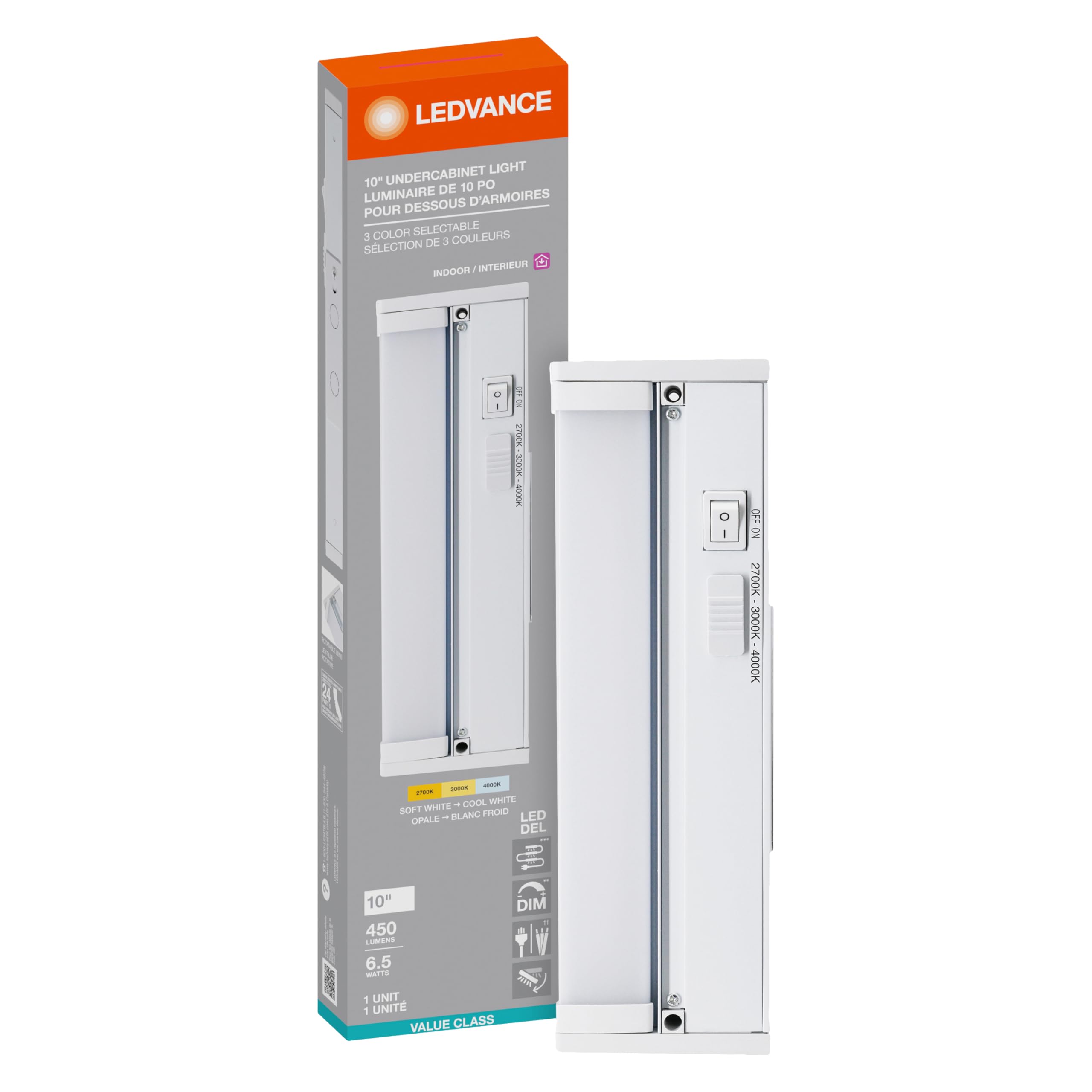 LEDVANCE 10" LED Undercabint Light, 6.5W, 3 CCT Select 2700/3000/4000K, 80 CRI, Linkable, 450 LMS, Accessories Included - 1 Pack (62440) - Image 4