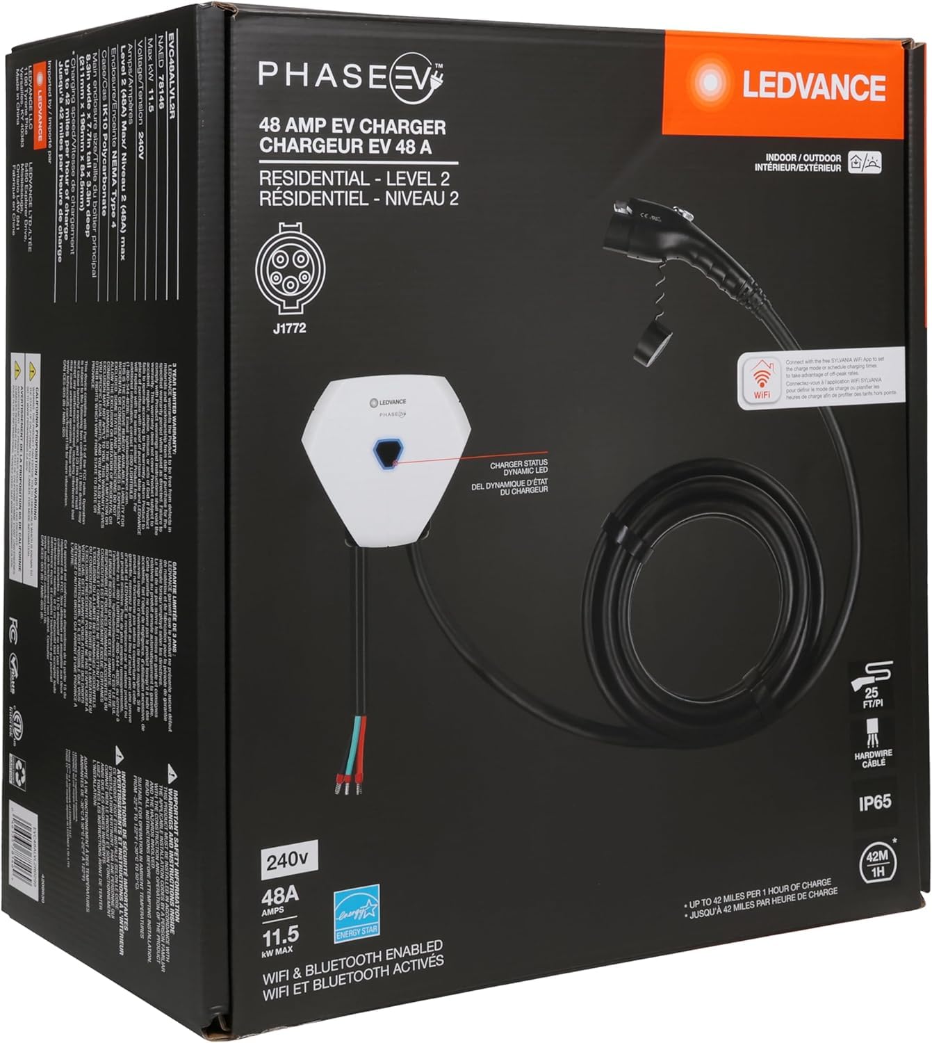 LEDVANCE 48 Amp Level 2 EV Charger Residential Charging Station, SAE J1772 Connector, 11.5kW, 25ft Cable, WiFi/Bluetooth, IP65 (78146) - Image 10