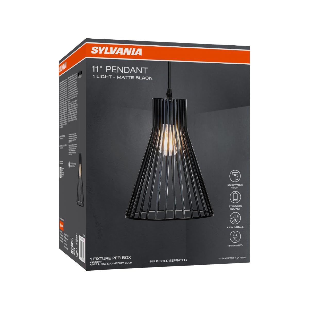 LEDVANCE Sylvania 9" Pendant Light Fixture, 1-Bulb, Adjustable Heigh with Accessories, Hardwire, Black Matte Finish - 1 Pack (63592) - Image 3