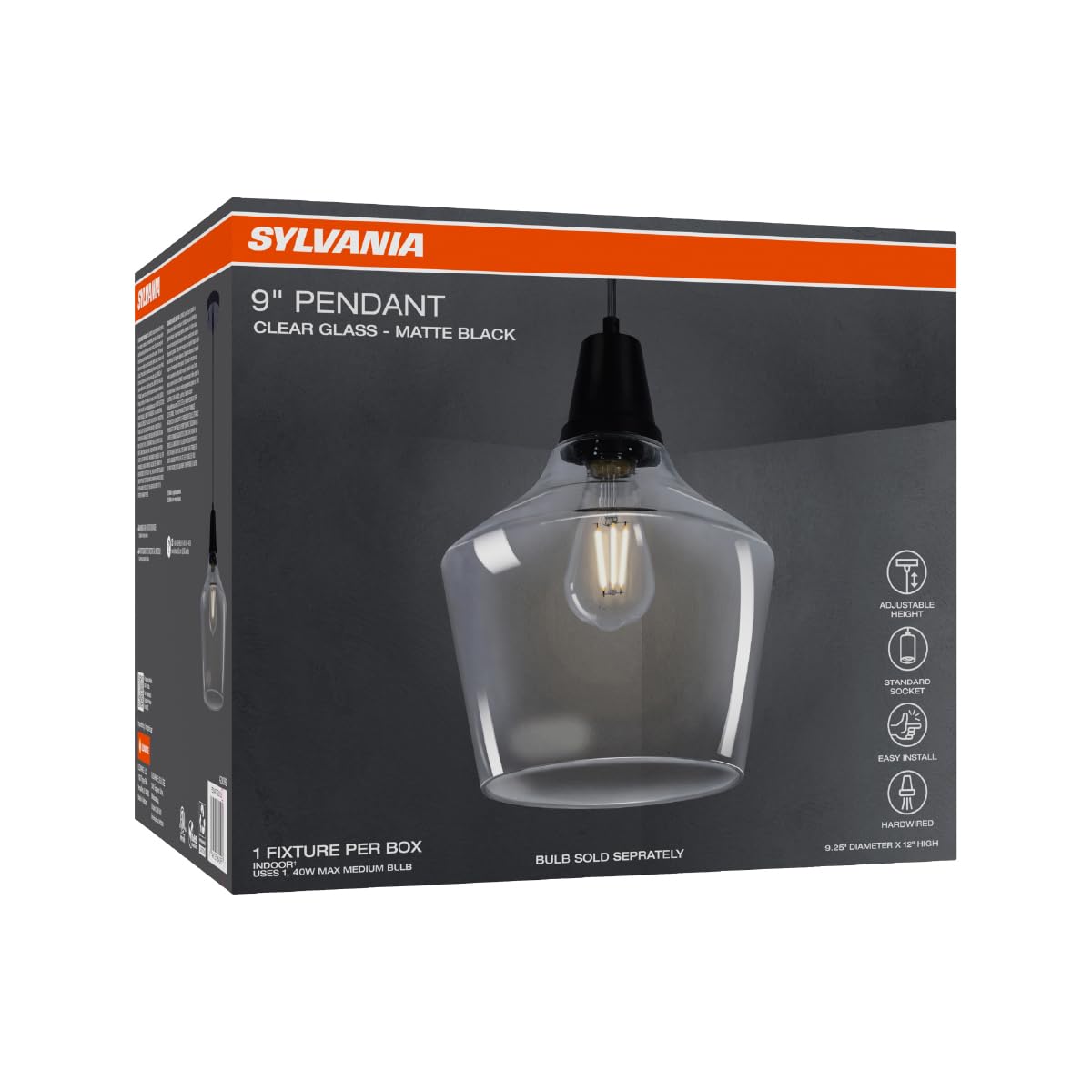 LEDVANCE Sylvania 9" Pendant Light Fixture with Clear Glass Shade, Adjustable Height, Hardwire/Accessories Included, Metal/Black Matte - 1 Pack (64095) - Image 3
