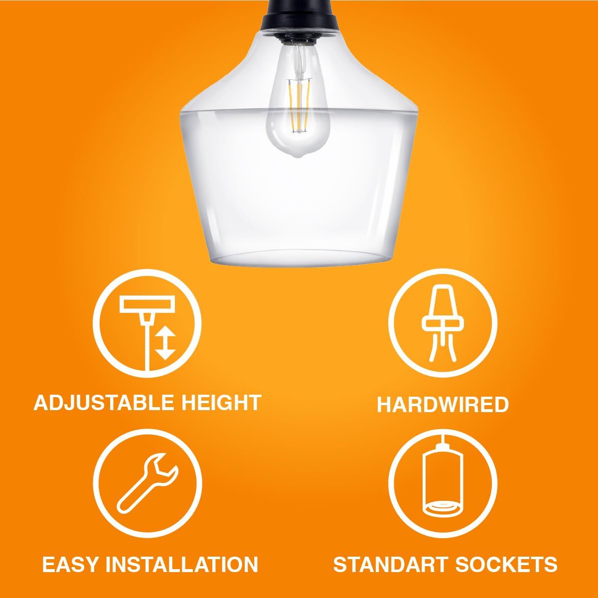 LEDVANCE Sylvania 9" Pendant Light Fixture with Clear Glass Shade, Adjustable Height, Hardwire/Accessories Included, Metal/Black Matte - 1 Pack (64095) - Image 5