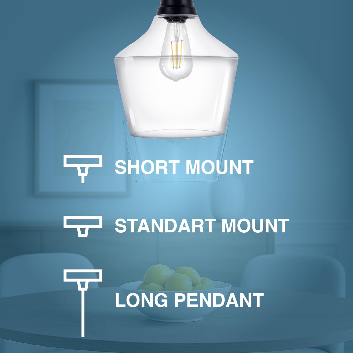 LEDVANCE Sylvania 9" Pendant Light Fixture with Clear Glass Shade, Adjustable Height, Hardwire/Accessories Included, Metal/Black Matte - 1 Pack (64095) - Image 8