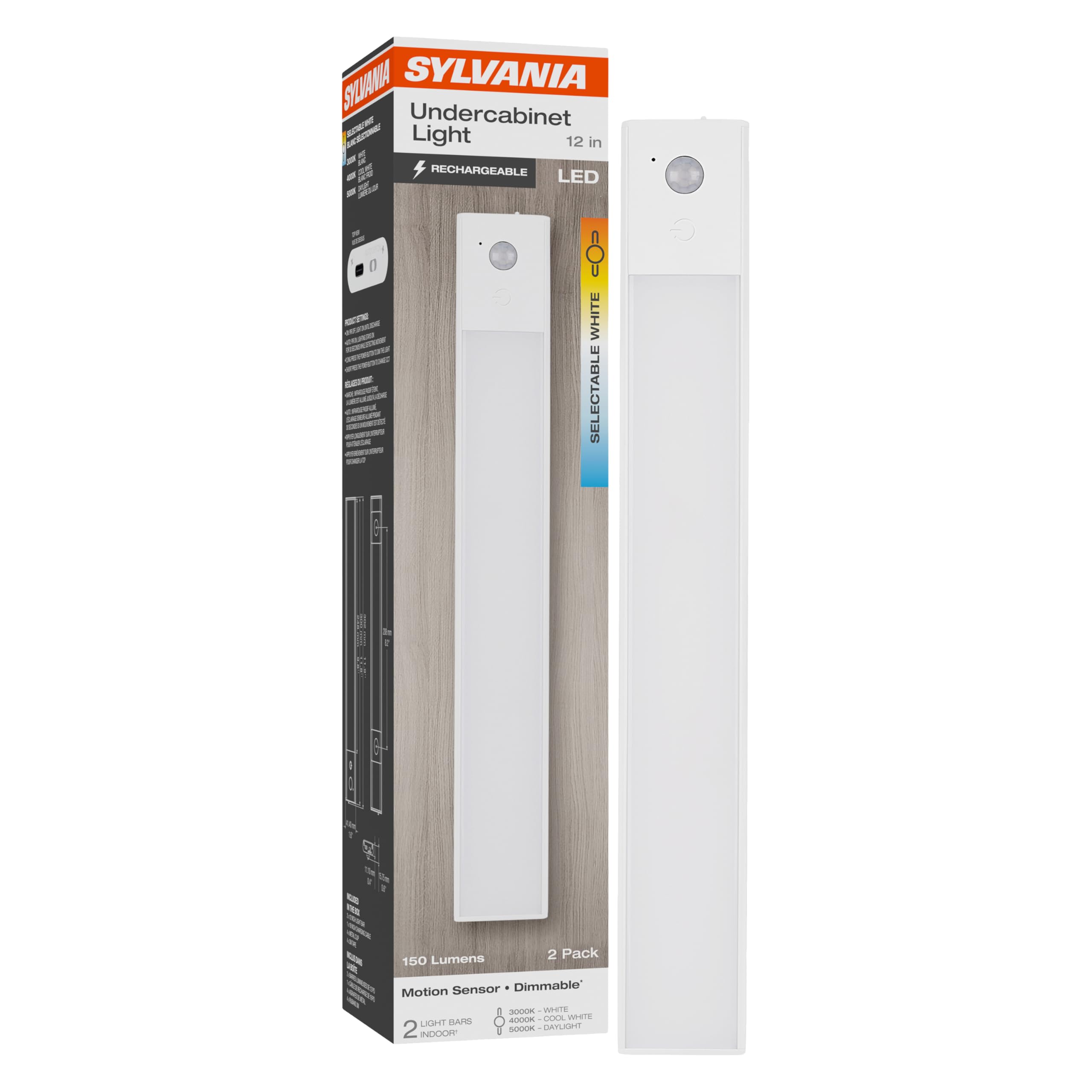 SYLVANIA 12" Under Cabinet Lighting with 2200mAh Rechargeable Battery, LED Motion Sensor, 3 Color Selectable (3000K-5000K), Closet Light/Undercounter Kitchen Light, Magnetic, Dimmable - 2 Pack (66513) - Image 5