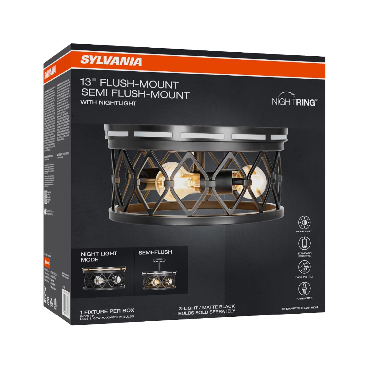 Sylvania 13" Flush/Semi-Flush Fixture with 90 Lm Integrated Nightlight, 3-Bulb Light, Hardwire, Indoor, Black Matte Finish - 1 Pack (63584) - Image 3