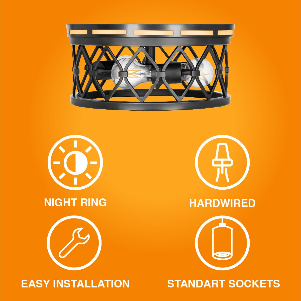 Sylvania 13" Flush/Semi-Flush Fixture with 90 Lm Integrated Nightlight, 3-Bulb Light, Hardwire, Indoor, Black Matte Finish - 1 Pack (63584) - Image 4