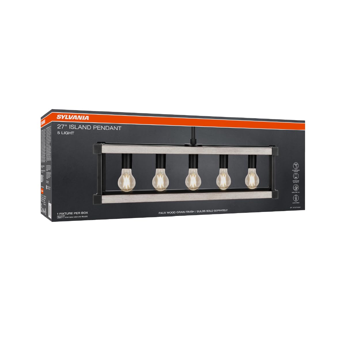 Sylvania 27" Island Pendant Light Fixture, 5-Bulb, Adjustable Height with Accessories Included, Hardwire, Faux Wood/Black Matte Finish - 1 Pack (63587) - Image 3