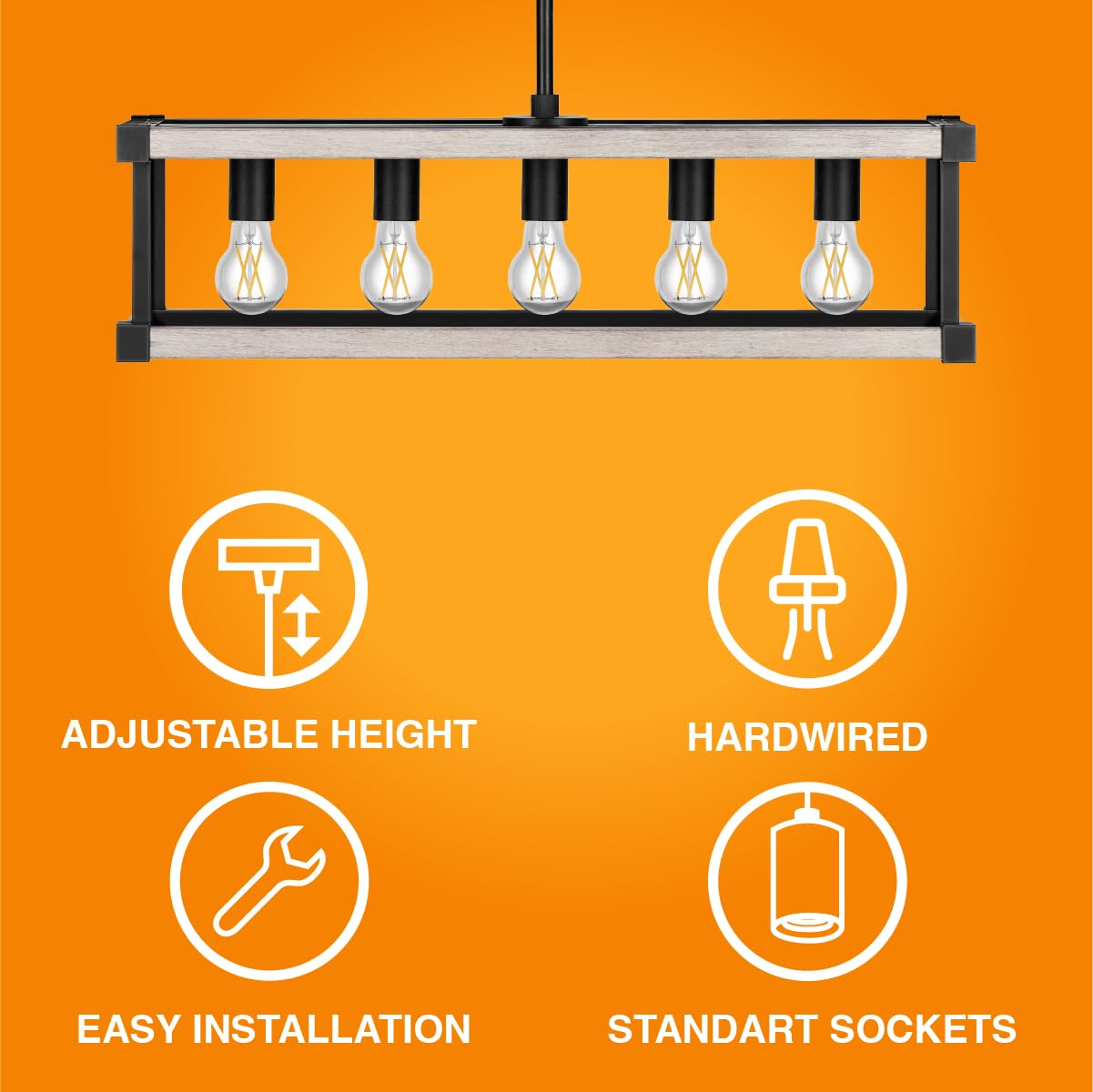 Sylvania 27" Island Pendant Light Fixture, 5-Bulb, Adjustable Height with Accessories Included, Hardwire, Faux Wood/Black Matte Finish - 1 Pack (63587) - Image 4