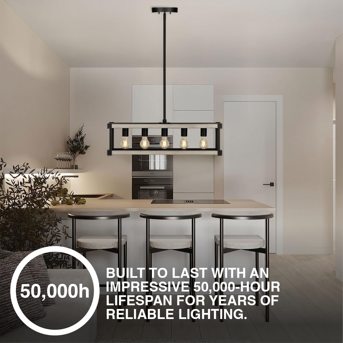 Sylvania 27" Island Pendant Light Fixture, 5-Bulb, Adjustable Height with Accessories Included, Hardwire, Faux Wood/Black Matte Finish - 1 Pack (63587) - Image 6