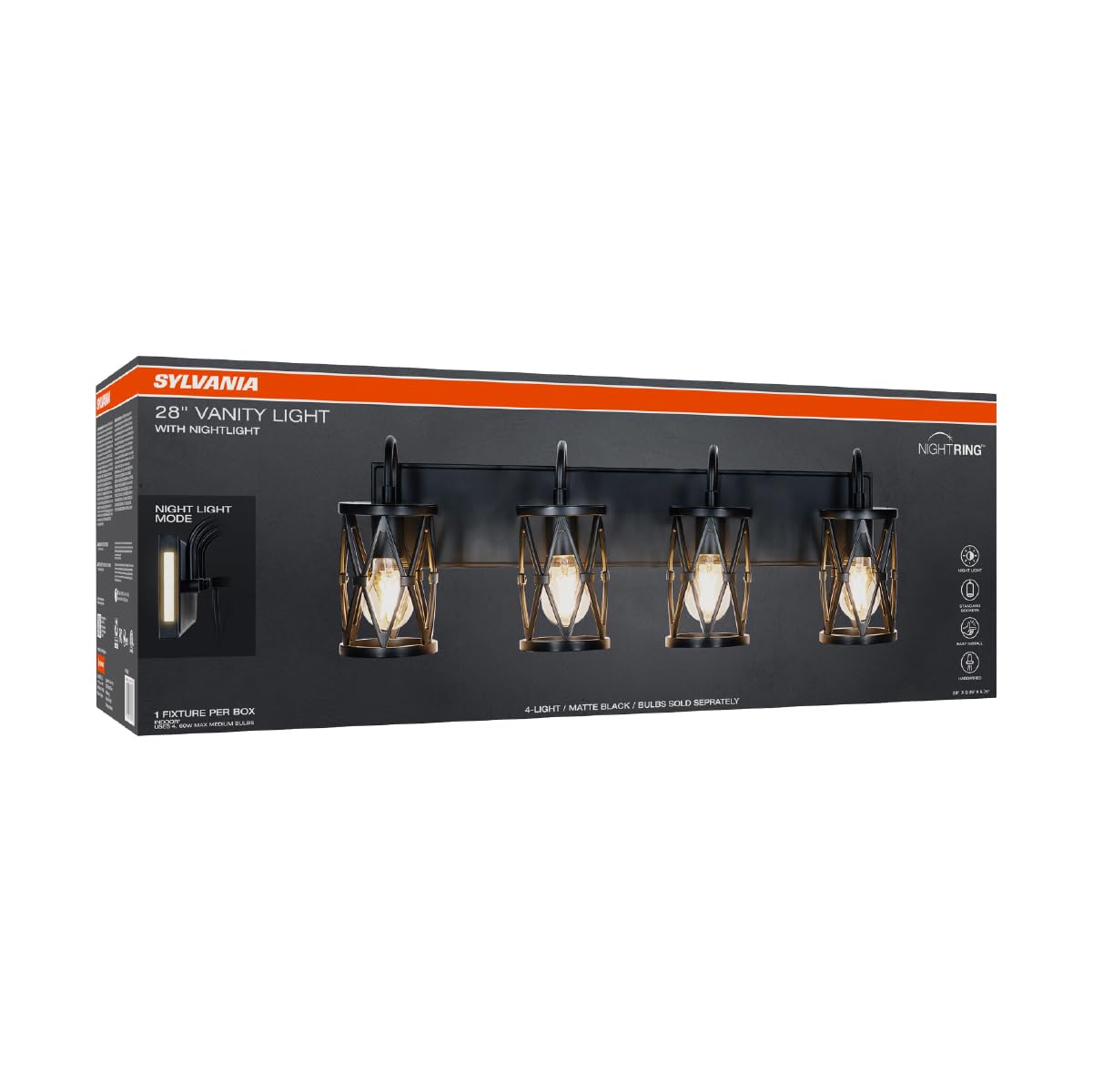 Sylvania 28" Vanity Light with 90 Lm Integrated Nightlight, 4-Bulb Fixture, Indoor/Bathroom/Hallway, Hardwired, Black Matte Finish - 1 Pack (63583) - Image 3