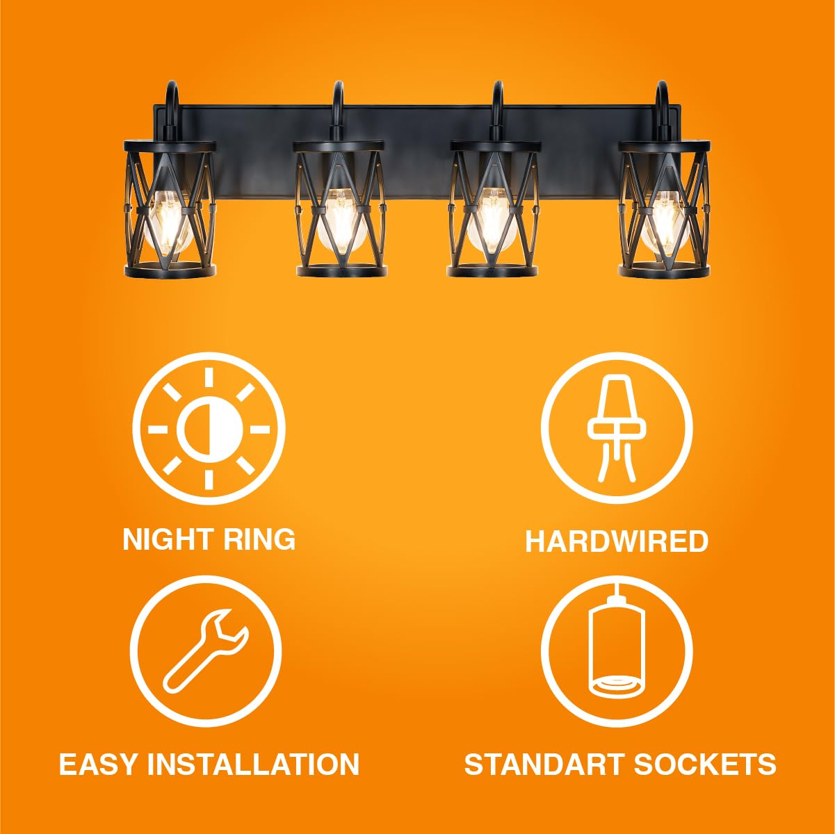 Sylvania 28" Vanity Light with 90 Lm Integrated Nightlight, 4-Bulb Fixture, Indoor/Bathroom/Hallway, Hardwired, Black Matte Finish - 1 Pack (63583) - Image 4