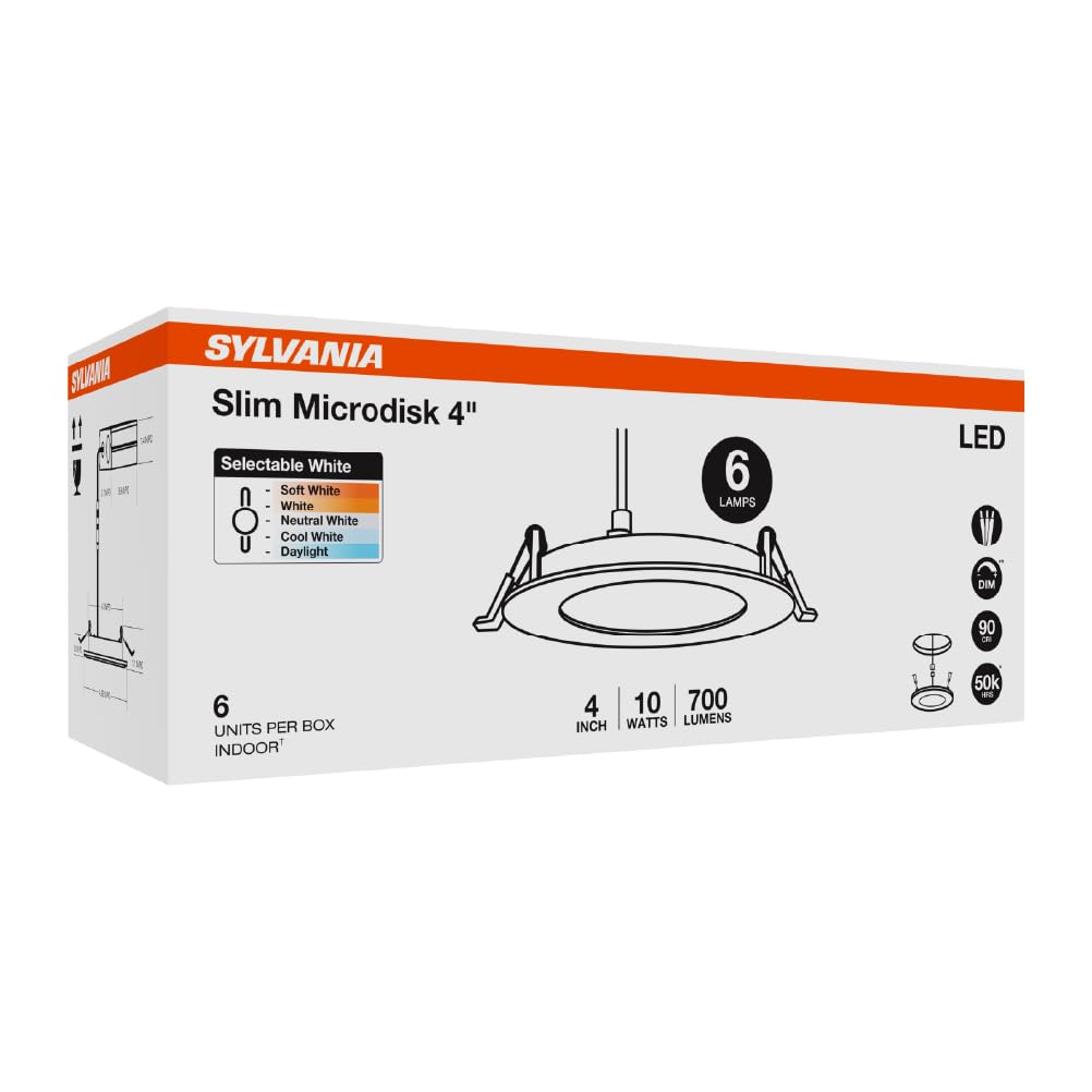 Sylvania 4" Slim Microdisk Downlight, 10W, 5 CCT Select (2700K - 5000K) Recessed Lighting, 700 LMS, 90 CRI, Dimmable, Wet-Rated, White - 6 Pack (61189) - Image 8