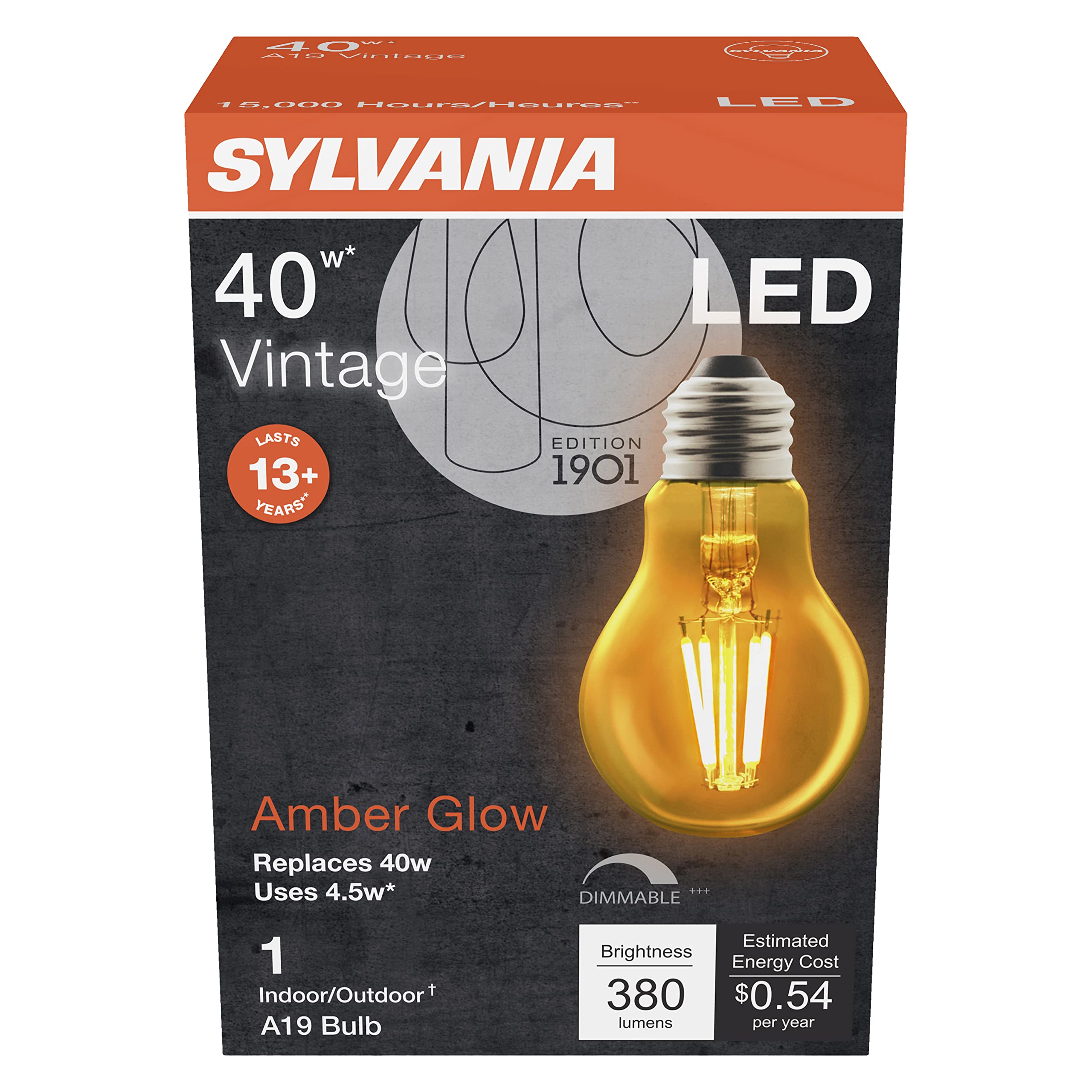 Sylvania A19 LED Vintage Light Bulb, 40W Equivalent Efficient 4.5W, 13 Year, 380 Lumens, Dimmable, Amber Glow - 1 Pack (75347) - Image 3