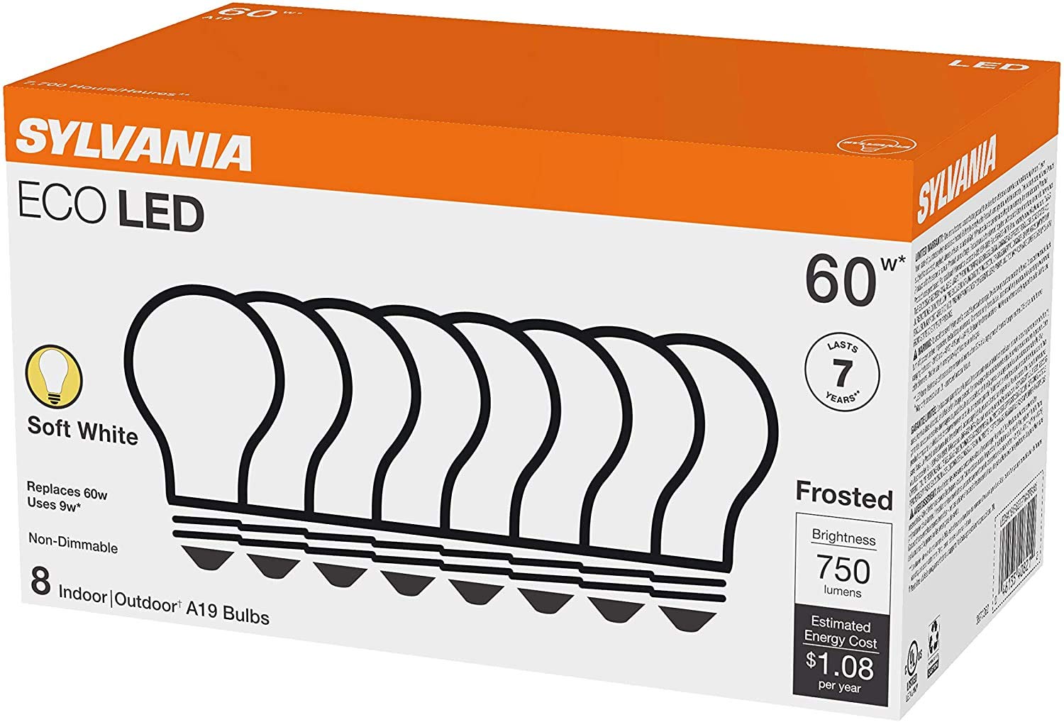 Sylvania ECO LED Light Bulb, A19 60W Equivalent, Efficient 9W, 7 Year, 750 Lumens, 2700K, Non-Dimmable, Frosted, Soft White - 8 Pack (40821) - Image 3