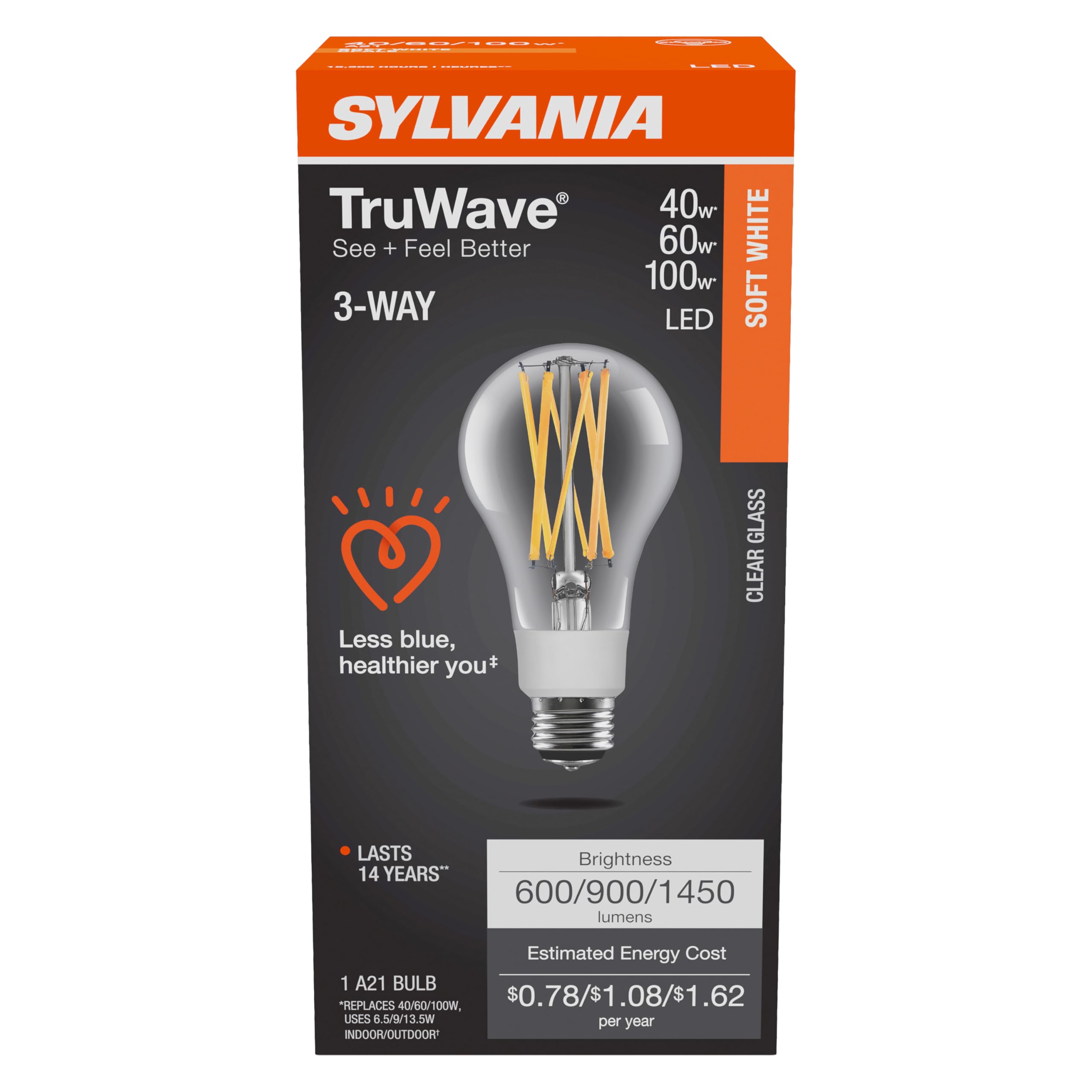 Sylvania LED TruWave Natural Series 3-Way A21 Light Bulb, 40/60/100W Equivalent Efficient 6.5/9/13.5W, Medium Base, Clear, 2700K, Soft White - 1 Pack (40769) - Image 3