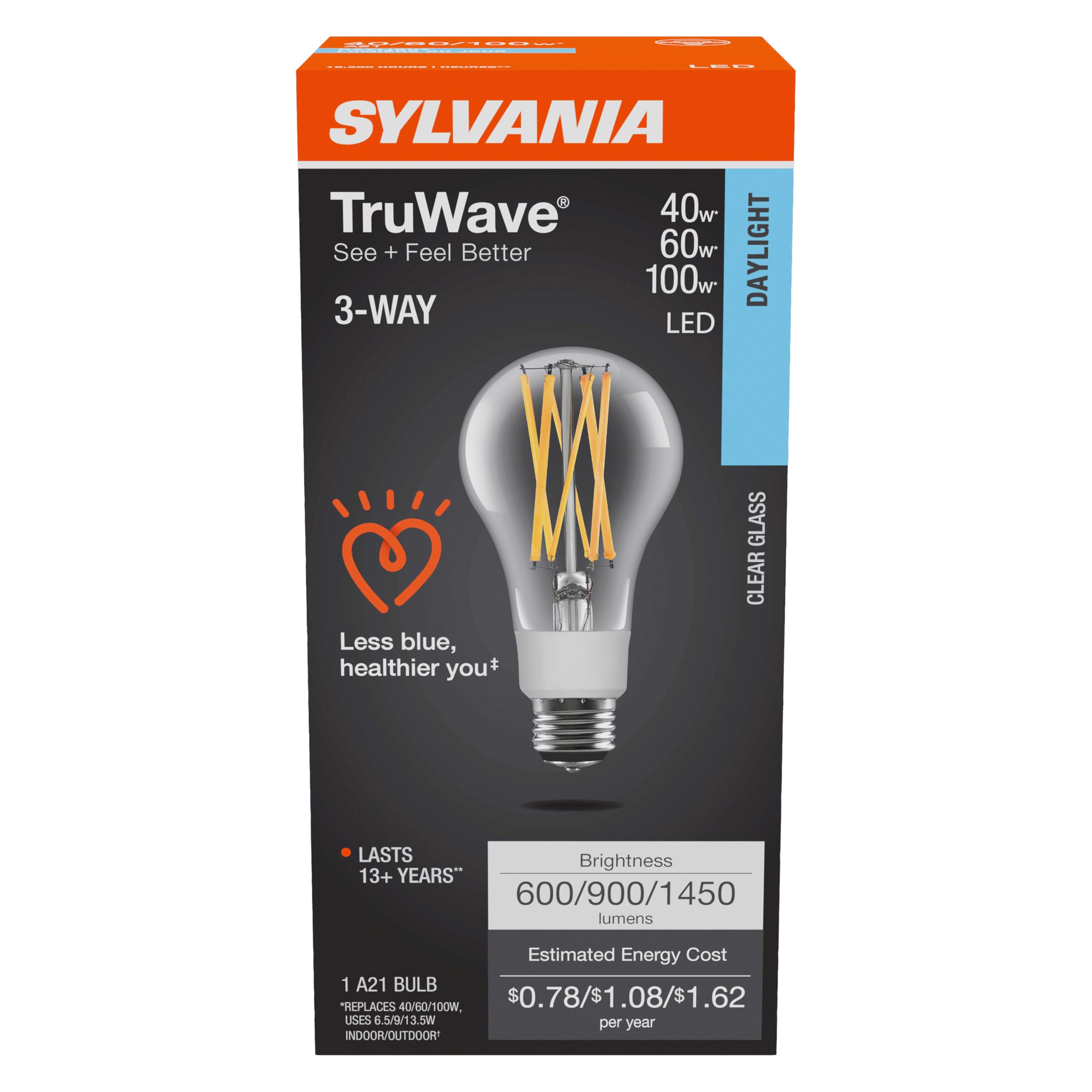 Sylvania LED TruWave Natural Series 3-Way A21 Light Bulb, 40/60/100W Equivalent Efficient 6.5/9/13W, Medium Base, Clear 5000K, Daylight - 1 Pack (40770) - Image 3