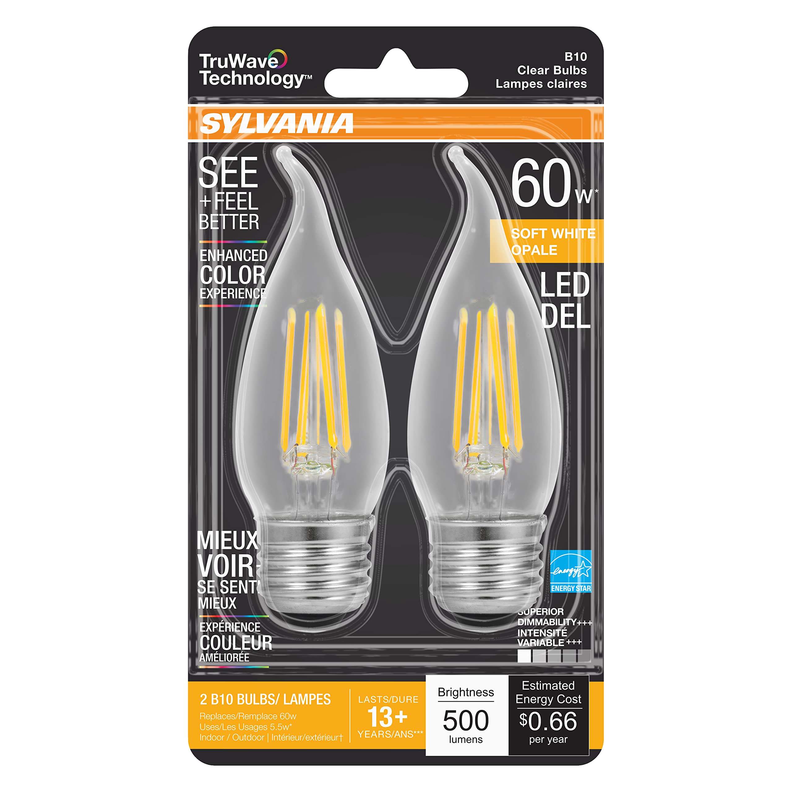 Sylvania LED TruWave Natural Series Candelabra Light Bulb, 60W Soft White Medium Base, Dimmable, Clear, Candle Tip - 2 Pack - Image 3