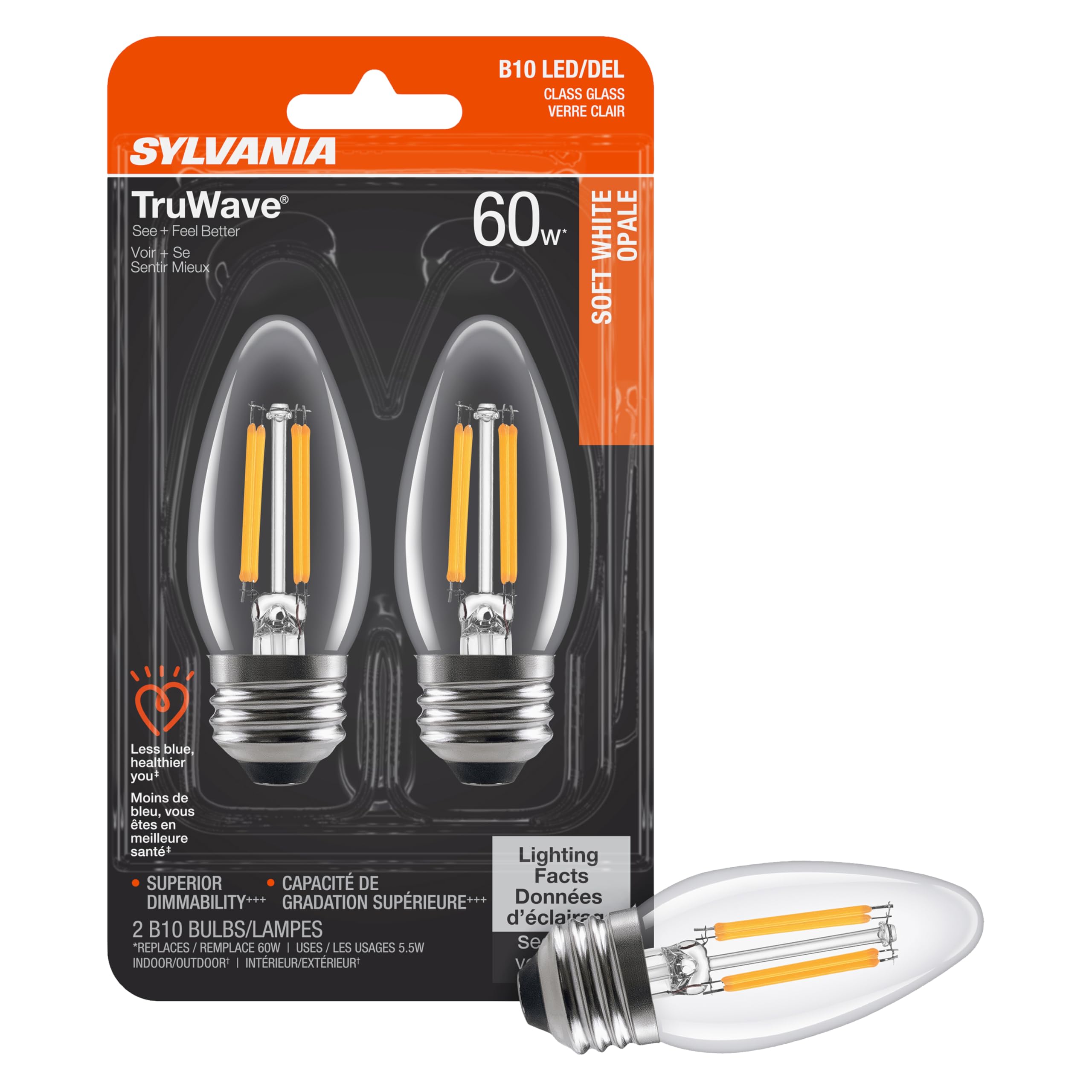 Sylvania LED TruWave Natural Series Candelabra Light Bulb, 60W Soft White Medium Base, Dimmable, Clear, Blunt Tip - 2 Pack - Image 3