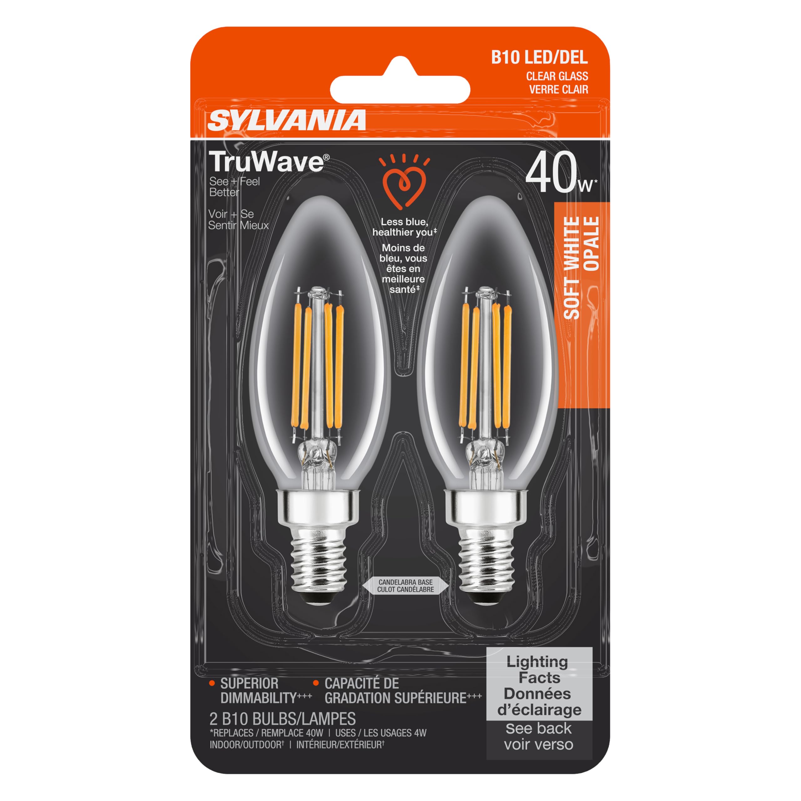 Sylvania LED TruWave Natural Series Décor B10 Chandelier Light Bulb, 40W Equivalent Efficient 4W, Candelabra Base, Dimmable, 350 Lumens, Clear, 2700K, Soft White - 2 Pack (40794) - Image 3