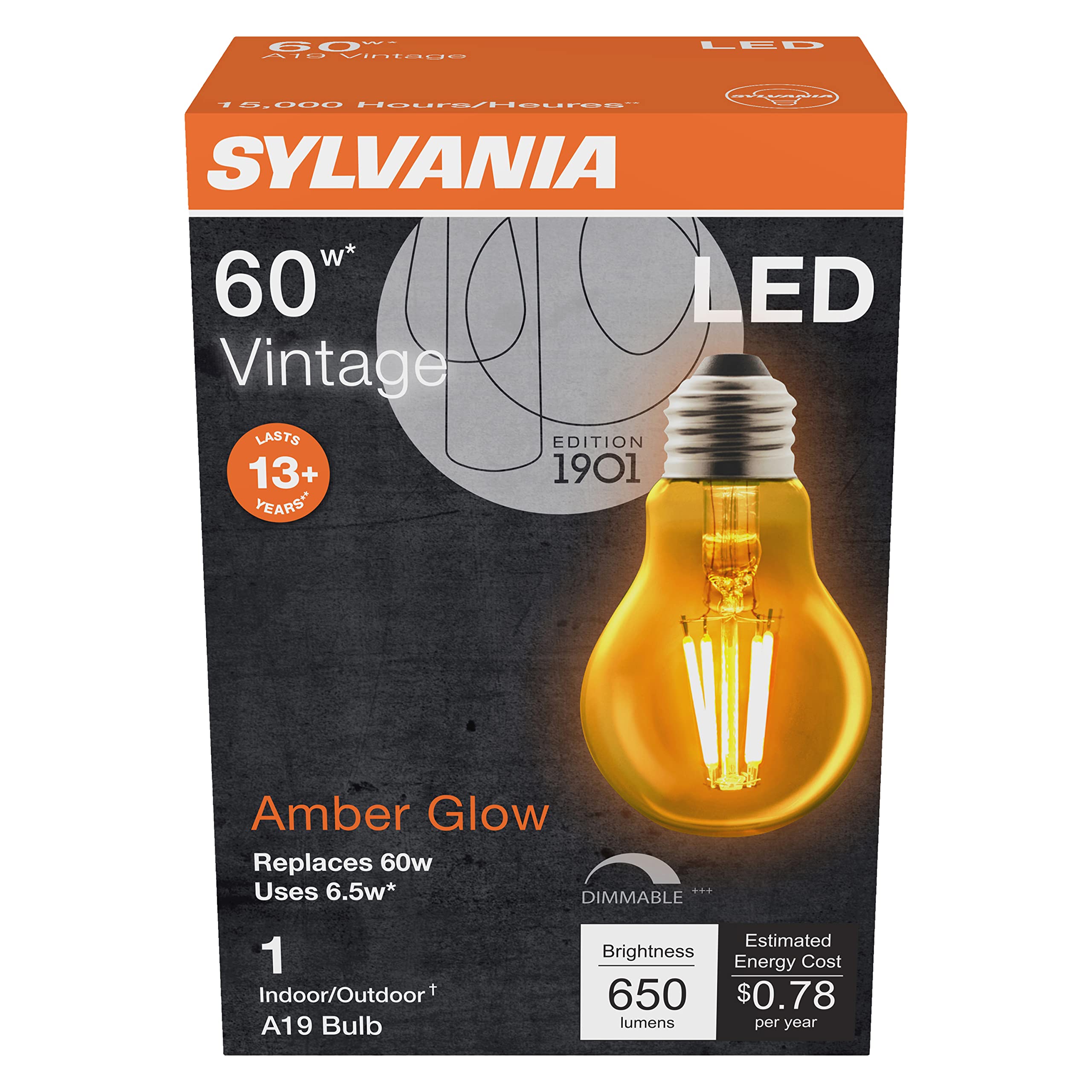 Sylvania LED Vintage A19 Light Bulb, 60W Equivalent Efficient 6.5W, 13 Year, Dimmable, 650 Lumens, Amber Glow - 1 Pack (75349) - Image 3
