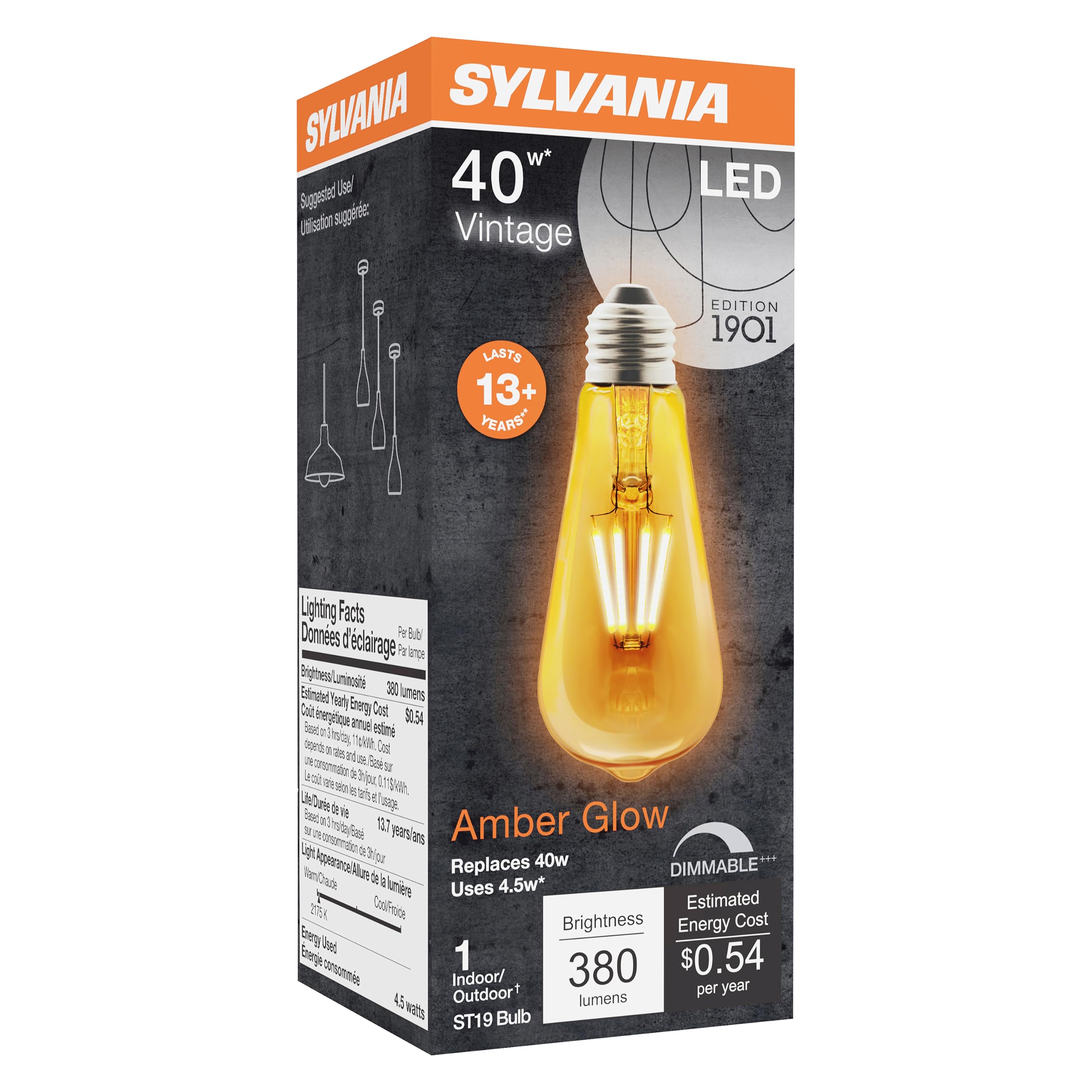 Sylvania LED Vintage Filament ST19 Light Bulb, 40W Equivalent Efficient 4.5W, 13 Year, Dimmable, 2175K, Amber Glow - 1 Pack (75351) - Image 3