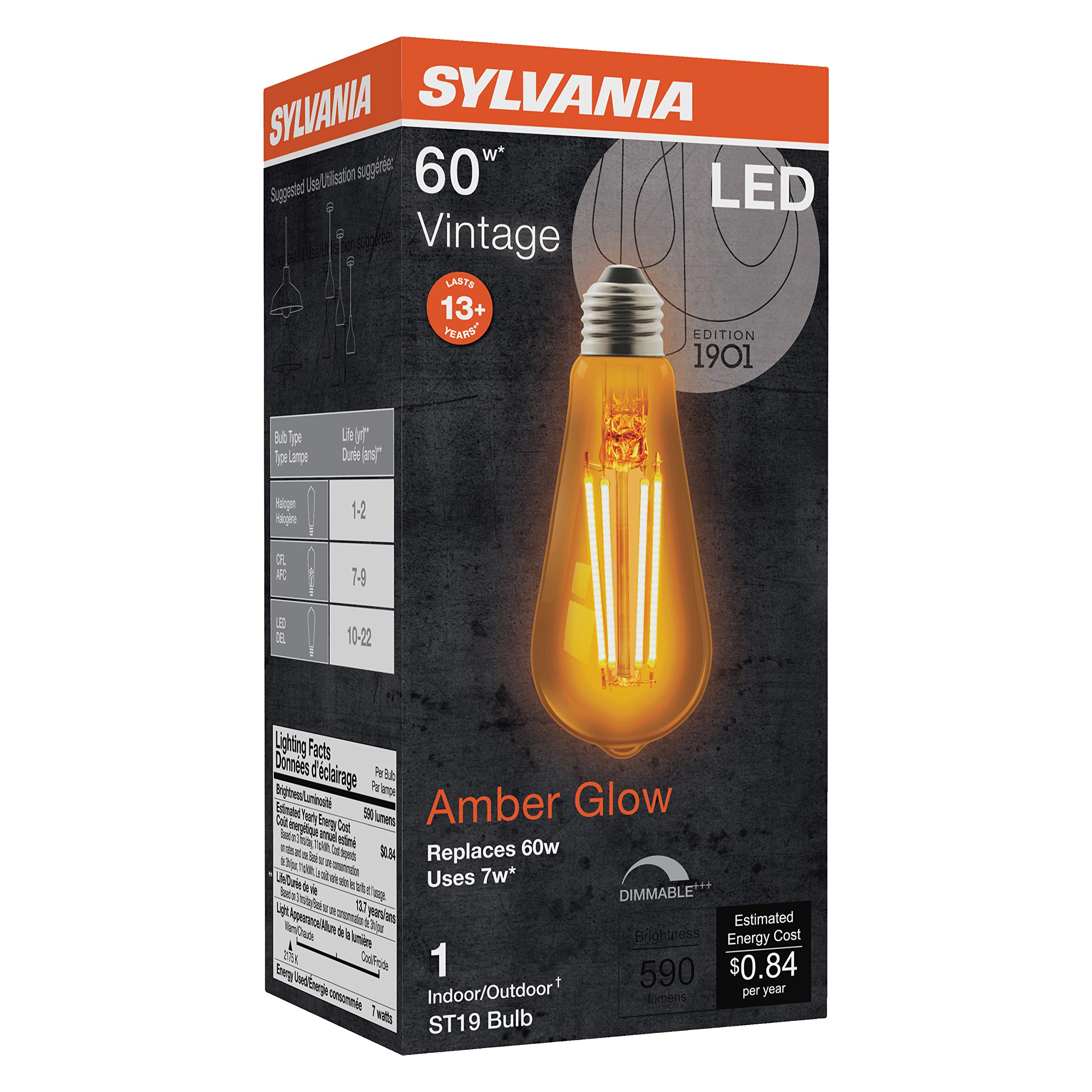 Sylvania LED Vintage ST19 60W Equivalent, Efficient 7W, E26 Medium Base, Dimmable 2175K Amber Glow Light Bulb - 1 Pack (75353) - Image 3