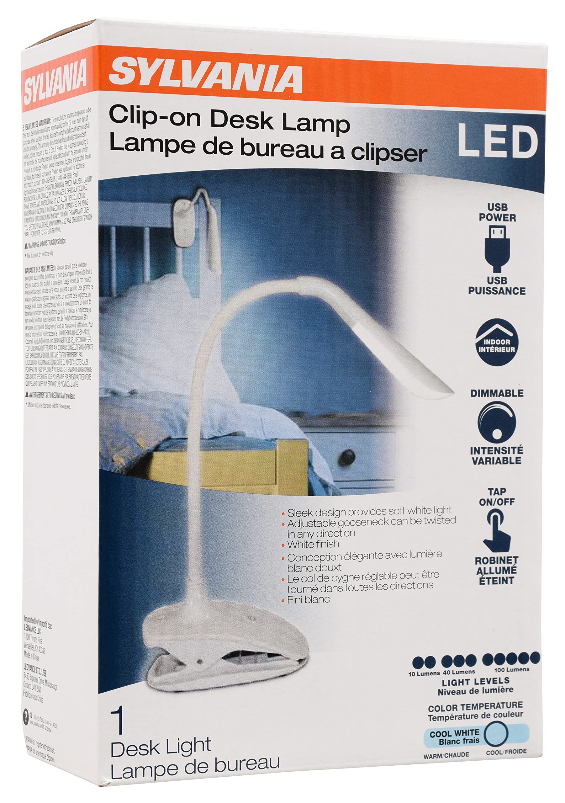 Sylvania USB-Powered Clip-On Portable LED Desk Lamp/Reading Light, Dimmable, Cool White, Tap Turn On/Off, Batteries Included - 1 Pack (64994) - Image 3