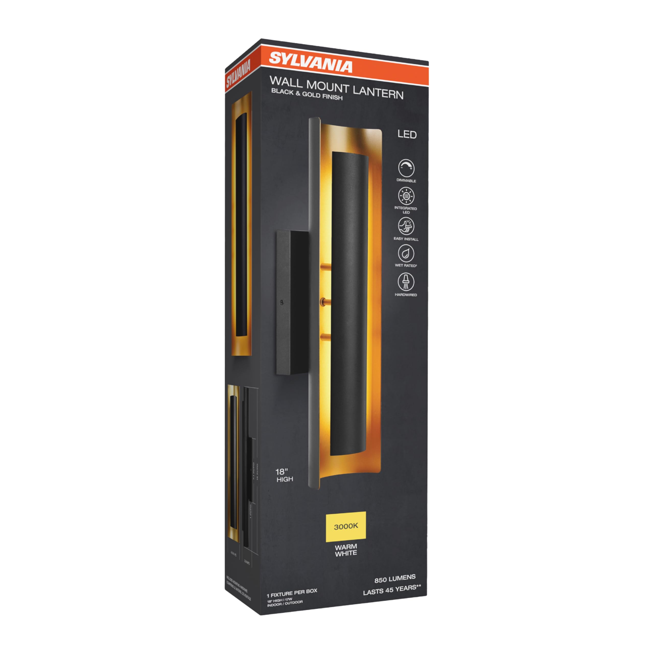 Sylvania Wall Mount Lantern LED Light Fixture, Indoor/Outdoor Use, Wet-Rated, with Integrated Dimmable LED, Black and Gold Finish, 3000K, Warm White - 1 Pack (67263) - Image 10