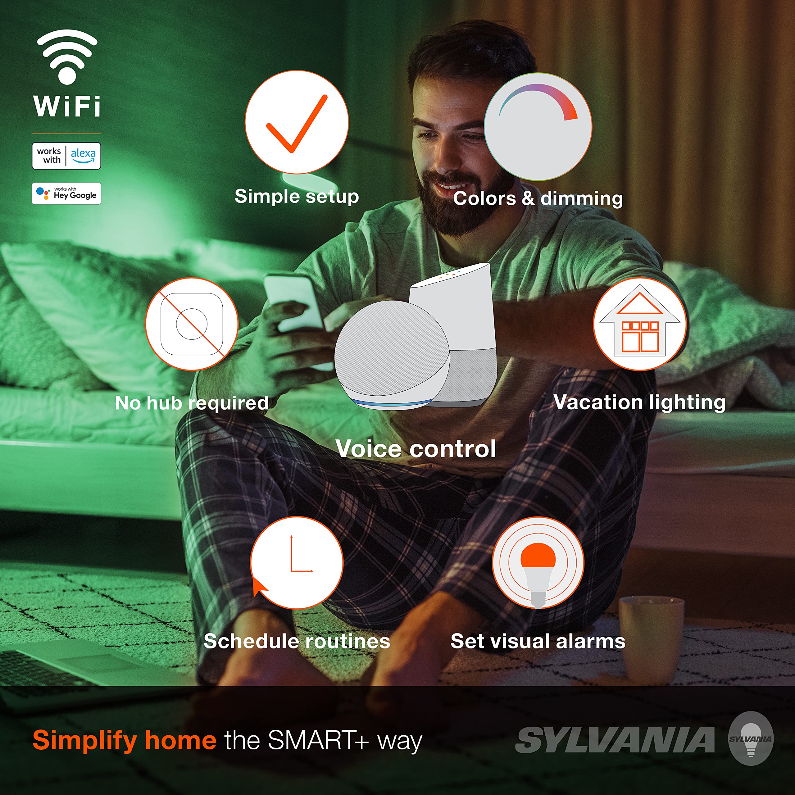 SYLVANIA Wifi LED Smart Light Bulb, 60W Equivalent Full Color and Tunable White A19, Dimmable, Compatible with Alexa and Google Home Only - 4 Pack (75674) - Image 3